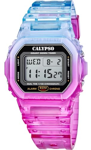 CALYPSO Reloj Digital Hombre y Mujer - Unisex de Caucho Multi - Resistente al Agua 5 ATM Fecha y Calendario, Cronógrafo, Doble Horario, Luz, Alarma, 12 y 24 Horas K5874/5 - Color Splash