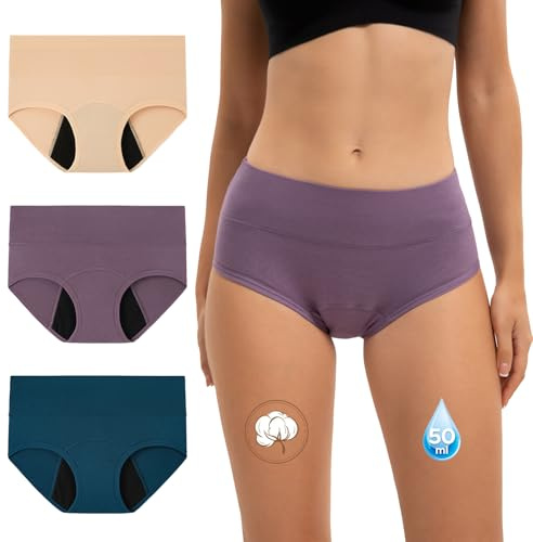 INNERSY Period Underwear Heavy Flow High Waist Menstrual Pants Ladies Incontinence Knickers Pack of 3 (12, Lake Blue/Purple/Beige)