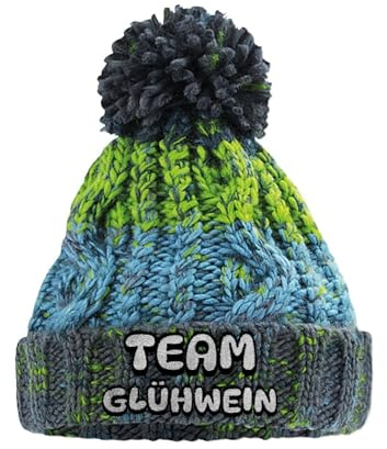 tshirtladen Strickmütze Team Glühwein Bommelmütze mit Stick lustige Wintermütze aus Strick für Damen und Herren Spruchmütze Unisex Beanie weich wärmend