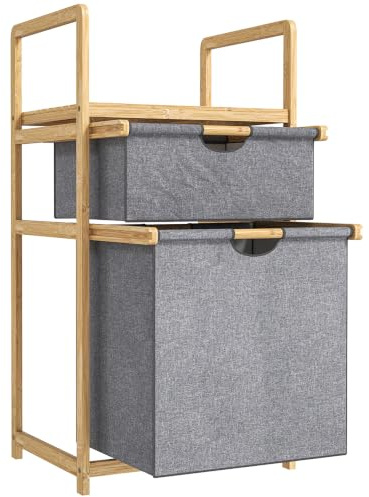 HOMCOM Panier à linge en bambou avec 2 sacs en tissu coulissants Naturel | Corbeille à Linge Sale, Étagère à Lattes, Salle de Bain, Chambre à Coucher, Buanderie
