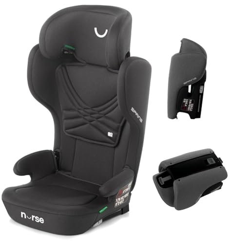 Nurse Spring Seggiolino auto i-Size, 100-150 cm, 4-12 anni, Isofix, sedia da viaggio, portatile, pieghevole, multiposizione, nero