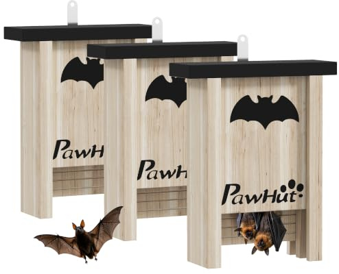 PawHut Set di 3 Casette per Pipistrelli in Legno di Abete Legno Naturale | Rifugio per Pipistrellini, per Giardino ed Esterni, Bat Box Facile da Appendere, 18x6x22.5 cm
