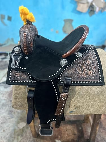 Handmade Western Leather Barrel Rough Out Horse Saddle Matching Tack Set Headstall Breast Collar Reins 10 to 18 Black ST-215 (13 Seat)