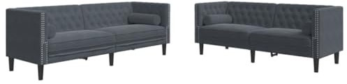 Generisch Kangmusi 2-TLG. Chesterfield-Sofa-Set mit Nackenrollen Dunkelgrau Samt, Grau 3209292