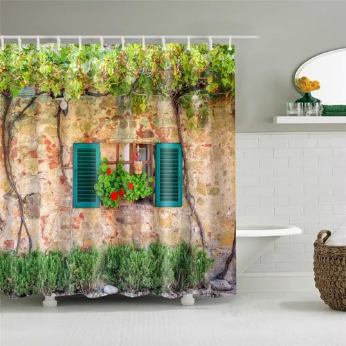 Tenda Doccia 240x180 cm da Giardino per esterni, Tenda da Bagno con Ganci, Paesaggio Naturale Rustico Italiano, Pianta Verde, Tessuto Decorativo per Il Bagno in Poliestere Impermeabile, Lavabile