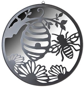 PMS Hanging Garden Mirror Bee & Flower Design – Round Outdoor Wall Mirror with Metal & PVC Frame – Nature-Inspired Beehive Garden Décor for Fences, Patios & Balconies