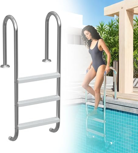 UISEBRT 304 escalera de piscina de acero inoxidable | Escalera de piscina con 3 peldaños | 132 x 54 x 26,5 cm - Plata | Escalera de piscina con protección antideslizante | Escalera de acceso para
