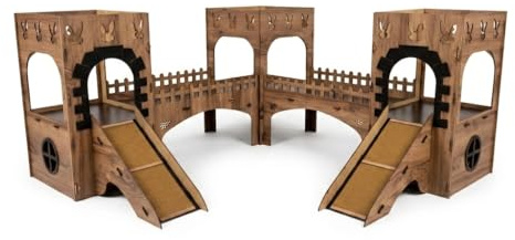 Towers Kaninchenburg aus Holz – 3 verbundene Türme mit Brücken & Treppen, 2 Etagen – Spiel‑ und Versteckhaus für Kaninchen & Kleintiere – 3 mm MDF, zerlegbar, 55 cm hoch (Eiche-Schwarz, N)