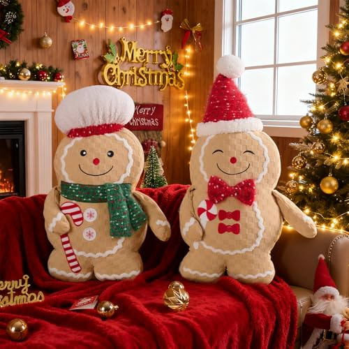 Lanpn 2 Stück Lebkuchenmann Weihnachtskissen, Lebkuchen Weihnachts Kissen Dekokissen Flauschiges Zierkissen für Geschenk Party Bett Sofa Couch Innenbereich Weihnachtsdeko Dekoration (Junge & Mädchen)