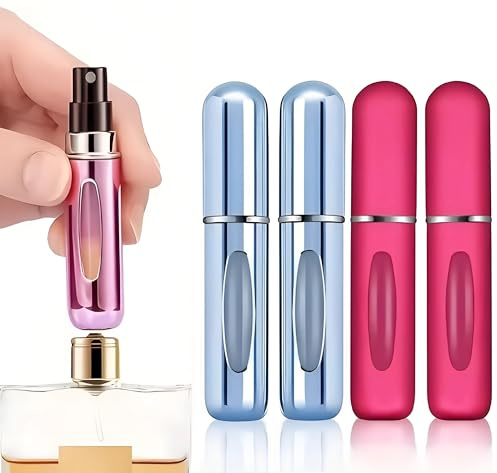WOO LANDO Lot de 4 vaporisateurs de parfum rechargeables - 5 ml - Brillants - Mini atomiseurs pour sac à main, voyage, avion, femme - En aluminium - Avec fenêtre de visualisation (n° 3)