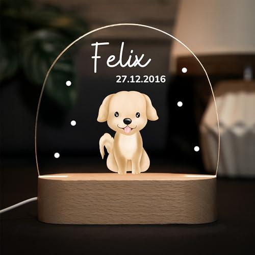 LARIFEE Nachtlicht Hund mit Name – Personalisiertes LED Nachtlicht für Kinder – Lampe aus Acrylglas & Holz, dimmbar – Geschenk zur Geburt oder Taufe