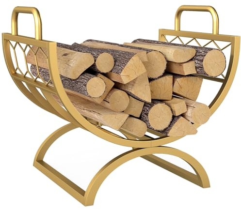 Outsunny Kaminholzregal für innen 46 x 36 x 41cm Brennholzregal mit Griffe, erhöhter Kaminholzständer für Kamin Ofen Feuerholzregal Kaminholzhalter für Feuerholz, Stapelholz, Metall Gold