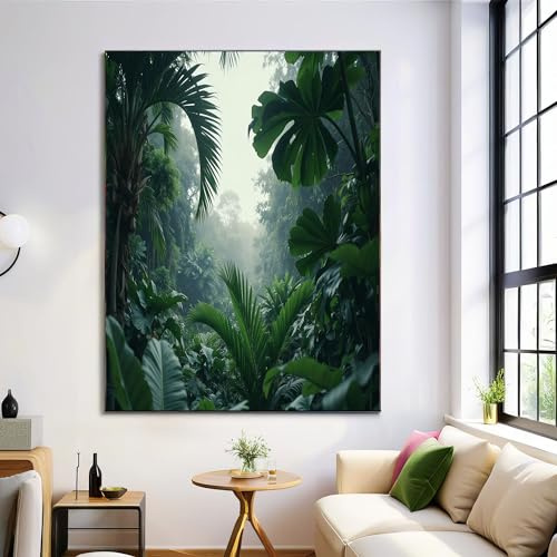 Palmenblatt-Dschungel Leinwand-Wandkunst, Regenwald Wandkunst Für Wohnzimmer, Dunkelgrün Leinwand Druck Kunst Poster Für Schlafzimmer Badezimmer Esszimmer Flur Dekor 60×90 cm Ungerahmt