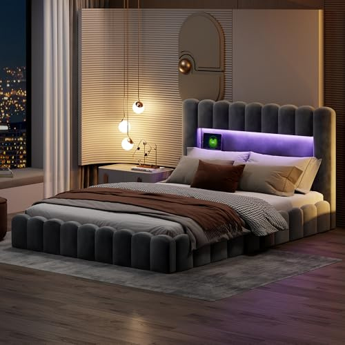 BAJKNIU Padded bed 180 x 200 cm with container, double bed with LED and USB, padded headboard, double bed, functional bed, bed frame, without mattress