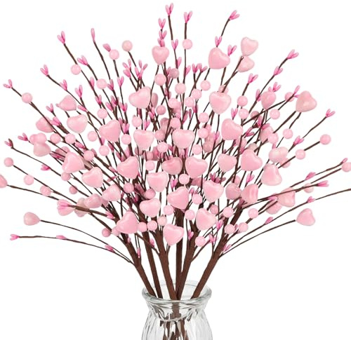 Rosa Valentinstag Beerenzweigen, Künstliche Herzen Beeren Picks, 6 Stück | 40cm Künstliche Rot Rosa Herzen Beeren Picks, Valentinstag Zweige Deko für Valentinstagsgeschenke, Hochzeit, Tischdeko