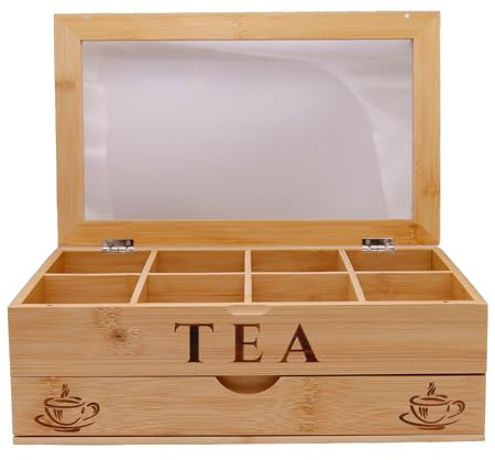 Maison Des Cadeaux Bamboo Storage Box, 8 Compartment Tea Bag Organiser with Drawer, Transparent Lid