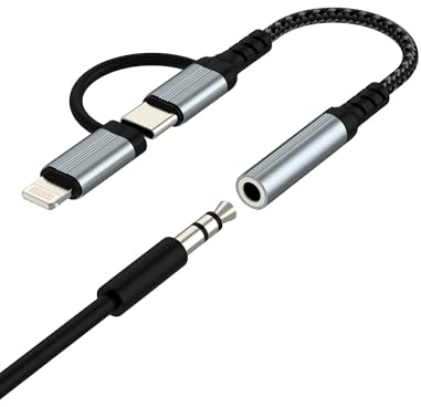 Adaptador Lightning a AUX jack USB C 3,5 mm para auriculares, cable de audio para coche, conexión de cable dongle doble reemplazo para iPhone 17 16 15 14 13 Pro Max compatible con Samsung S25 para