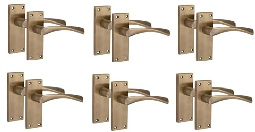 Golden Grace Victorian Astrid Scroll Door Handle, Antique Brass, 6 Pairs | Includes spindles and fixing screws for quick setup. Metal backplates measure 120mm x 40mm with a traditional plain edge.