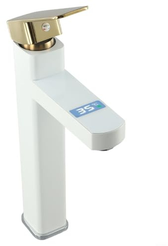 Grifo de pantalla digital con control táctil, grifo mezclador de acero inoxidable con válvula de agua caliente y fría, lavado cómodo de 35 grados, grifo de lavabo blanco moderno para baño (oro blanco