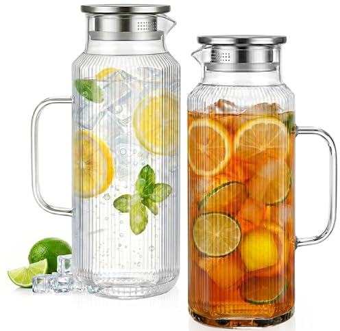 D.M DESIGN·MASTER[2 Pack, 68 OZ/ 2 Liter] - Octagon Glass Water Pitcher with Lid and Spout, Classic Stripes Water Pitchers with Handle, Borosilicate Glass Carafe for Hot/Cold Drink, Perfect for Juice.