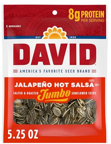 DAVID SEEDS Roasted and Salted Jalapeño Hot Salsa Jumbo Sunflower Seeds, Keto Friendly, 5.25 oz, 12 Pack
