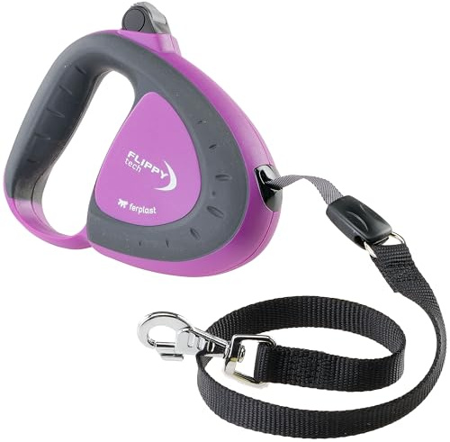 Ferplast Guinzaglio per Cani Allungabile FLIPPY TECH, Guinzaglio per Cani Taglia Media fino a 25 Kg. Fettuccia Allungabile max 3 m. Unico Pulsante per Blocco e Rilascio, Viola