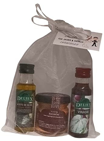 Regalo gourmet en bolsa de organza con miniaturas de Aceite de Oliva, Vinagre y tarrito de paté de salmón (Pack 24 ud). Especial para invitados de bodas, bautizos o demás eventos.
