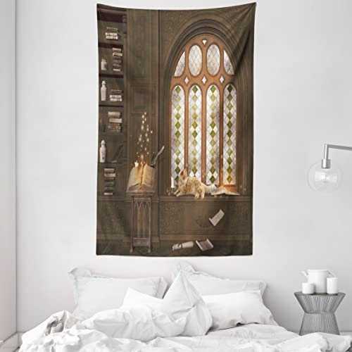 ABAKUHAUS Bibliothek Wandteppich und Tagesdecke, Mittelalterliche Bibliothek Katze aus Weiches Mikrofaser Stoff Waschbar ohne Verblassen Digitaldruck, 140 x 230 cm,Taupe