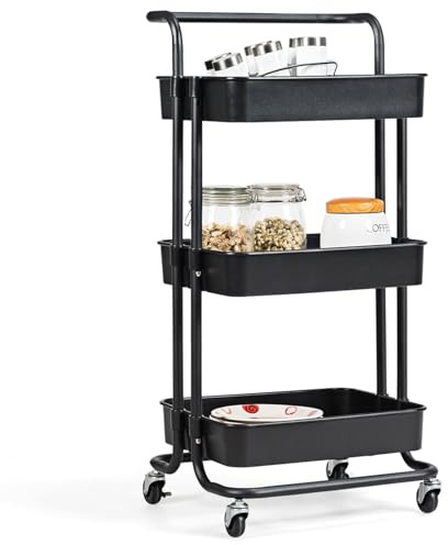 COSTWAY Chariot de Rangement avec 3 Paniers et Poignée, Chariot de Service en Métal Anti-Rouille, Desserte à roulettes Charge Max. 60KG pour Cuisine, Bureau,Bibliothèque, Salon, 42 x 35 x 87 CM(Noir)