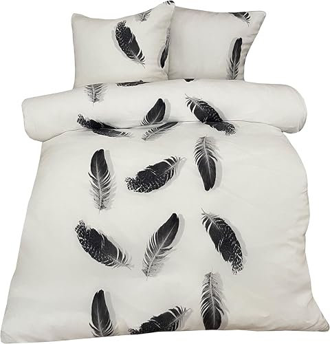 Leonado Vicenti Winter Bettwäsche Thermo Fleece Flausch Kuschelig Warme Garnitur Bettbezüge Set, Größe:2 teilig 155x220 cm, Farbe:Feder weiß schwarz
