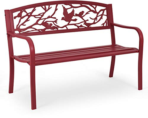 COSTWAY Banc de Jardin en Acier + Fonte, Dossier Motif Oiseaux et Branches, Banc Exterieur Jardin 2-3 Places, Siège à Lattes, Banquette pour Parc Terrasse Balcon, 123 x 60 x 88 cm, Rouge