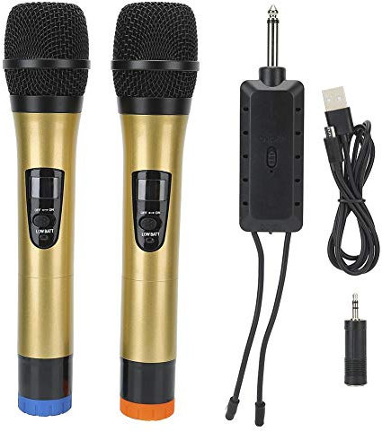 AMONIDA Microphone sans Fil VHF Double Microphone à Main Micro karaoké sans Fil avec convertisseur et Adaptateur pour KTV, karaoké, réunions d'affaires, Discours
