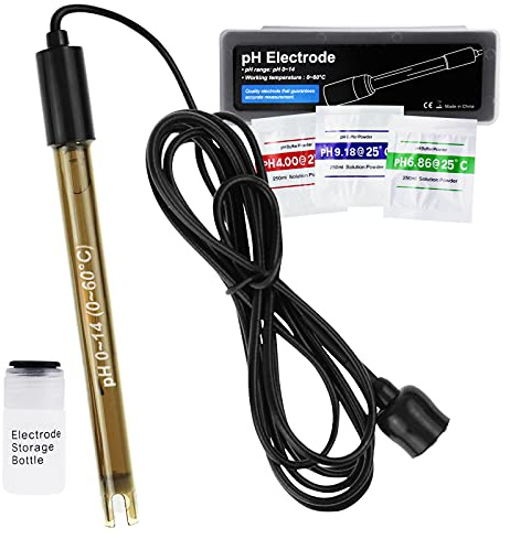 Ersatz pH-Elektrode mit Kalibrierpulver, 0-14 pH, sehr präzise, Sonde mit BNC-Anschluss & 200 cm Kabel für kontinuierliche Messung von Flüssigkeiten
