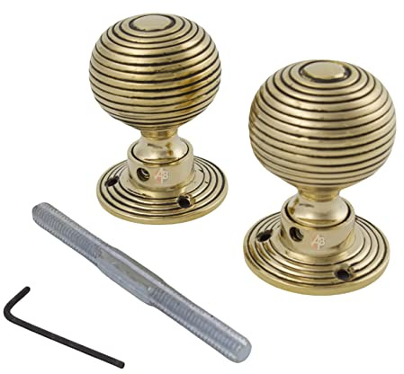 Solid Unlacquered Brass Beehive Style Door Knob Pair New Knobs Set Internal Interior - AB Hardware