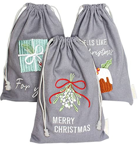 Papierdrachen Geschenkverpackung Weihnachten 2025 - Stoffbeutel 3er Set - 20x30 cm - grau - mit Stickerei - wiederverwendbar zum Befüllen