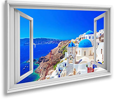 Bild auf Leinwand Fensterblick Stadt Oia auf der Insel Santorin Griechenland Traditionelle und berühmte Häuser und Kirchen mit blauen Kuppeln über Sagenhafter Effekt Wandbild Leinwandbild XDCV