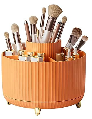 DASITON Organizador de Cosméticos de Maquillaje,Organizador de Maquillaje Giratorio de 360°,Organizador Brochas Maquillaje de Gran Capacidad,Organizador Maquillaje para Tocador,Baño,Dormitorio-Naranja