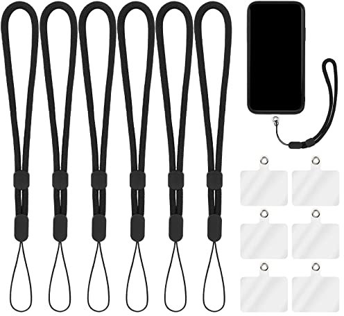 cobee Dragonne de poignet avec patch d'attache, 6 sangles de poignet réglables en nylon avec 6 coussinets transparents pour téléphone, noir