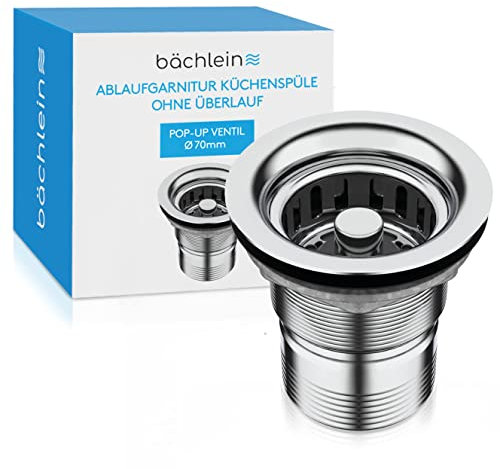 Bächlein Pop-Up Drain Fitting for the Sink, Diameter 70 mm without Overflow, Kitchen Sink, Polished Stainless Steel, Strainer Basket Valve, Basket Valve
