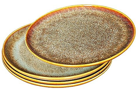 YA JU Lot de 4 assiettes en céramique - Plat principal pour steak, pain, risotto, pâtes, apéritif, résistant micro-ondes, four et lave-vaisselle, rayures