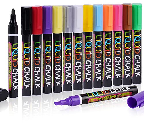 Vicloon Kreidestifte, 12 Stück Fenster mit Whiteboard Marker, 6mm Kreidemarker für Tafel Abwaschbar, Rund und Meißelspitzen, Tafelstifte, Kreidemarker, Fensterstifte, Weihnachtsgeschenke