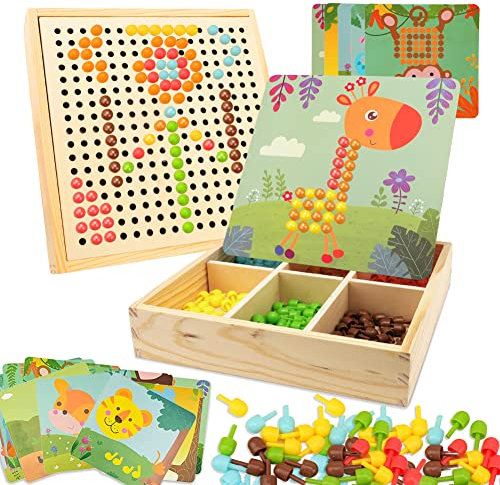 Gohytal Mosaik Steckspiel für Kinder, Spielzeug ab 2 3 4 5 Jahre Holz Mosaik Bastelset Kinder Pegboard Gabelungen mit Steckperlen & Karten Montessori Steckspiel 3D Geschenke für Jungen/Mädchen
