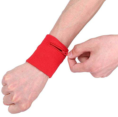 Schweissband Handgelenk Set, Sport Handgelenk Tasche Reißverschluss Handgelenk Beutel Sportarmband Schweißarmband für Münzschlüssel Geldbörse Laufen Fitness Radfahren Gehen (Rot)