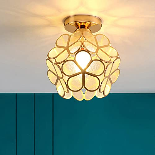 Mengjay Vintage Deckenlampe aus Metall E27，Blütenblattform Glas Lampenschirm Semi-Flush-Mount Deckenleuchte,Wohnzimmer Schlafzimmer Pendelleuchte Retro Hängeleuchte (Gold)