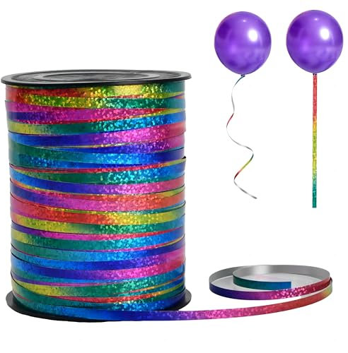 Glänzendes Ballonband, 500 Yards Laser Ringelband Curling Ballonschnur, Bunte GeschenkBänder Multicolor Bastelband, Glitzer Regenbogen Schleifenband für Geschenkverpackung/Weihnachtsdeko/Hochzeit
