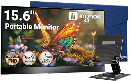 Ingnok Portable Monitor, Ultra Slim 15.6 Inch FHD IPS Laptop Screen Extender with Adjustable Stand, USB C Compatible, Ideal for Travel and Office