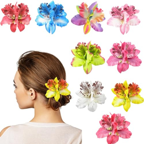 HIFOT 9 Stücke Bunte Haarspangen Damen, Hawaii Blume Haarklammern Mädchen, Doppelte Orchideen Haarschmuck Blumen Haarklammer Groß Haarclips Kinder für Frauen Party Haarstyling Haarnadeln Hochzeit