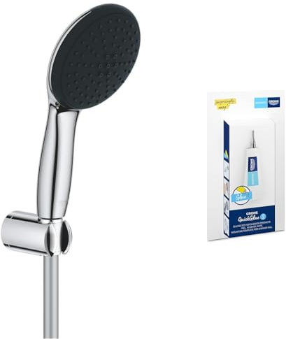 Grohe Vitalio 110 - Handbrauseset wassersparend ~8l/min + Kleber (2 Strahlarten, Standardanschluss, Silikonring schützt bei Stürzen, mit Brauseschlauch 150cm), rund, chrom
