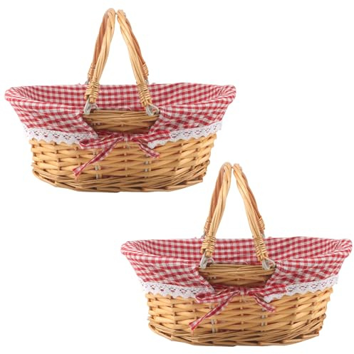 MUKCHAP Lot de 2 paniers de Pique-Nique ovales en Osier 32 x 23 x 12 cm avec Doublure à poignée Pliable pour Pique-Nique, fête, Barbecue, Couleur Miel