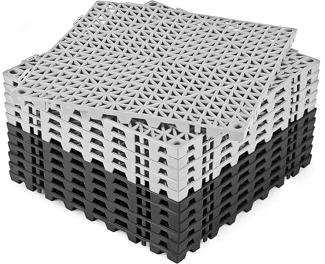 ToLanbbt Modular Interlocking Cushion 12P 11.8 x11.8 Interlocking Rubber Floor Drain Holes Non-Slip Splicing Drainage Mats for Deck, Shower, Kitchen, Drain Pool, Indoor Outdoor (Grey Black)